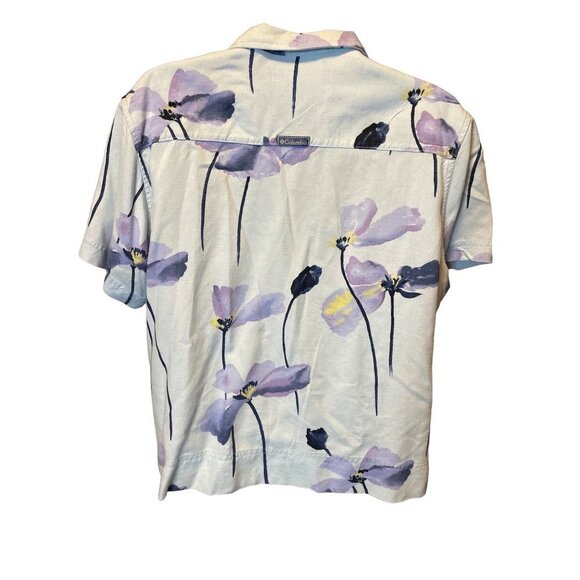 Columbia Cropped Button Front Floral White Purple Linen Blend Blouse Sz PL - Picture 2 of 8